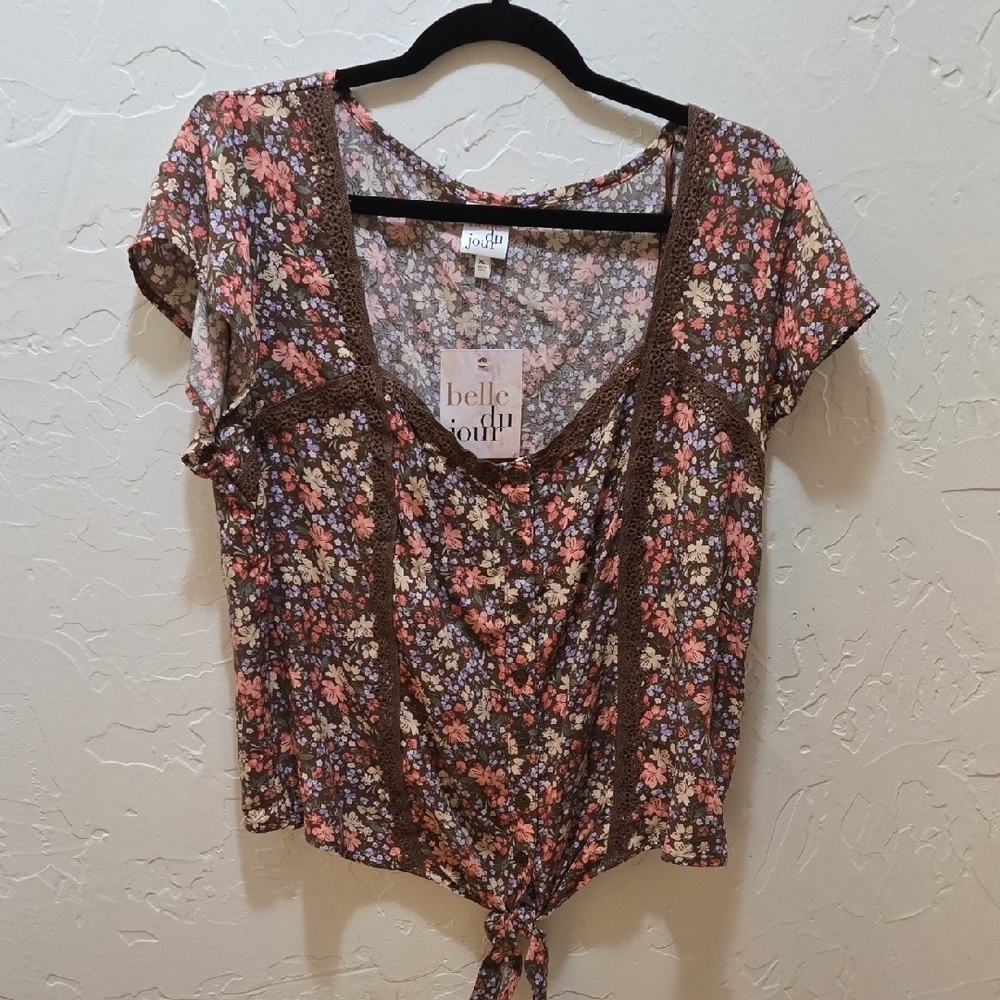 3/$10 Belle Du Jour Floral Tie-Front Blouse - Brown and Pink